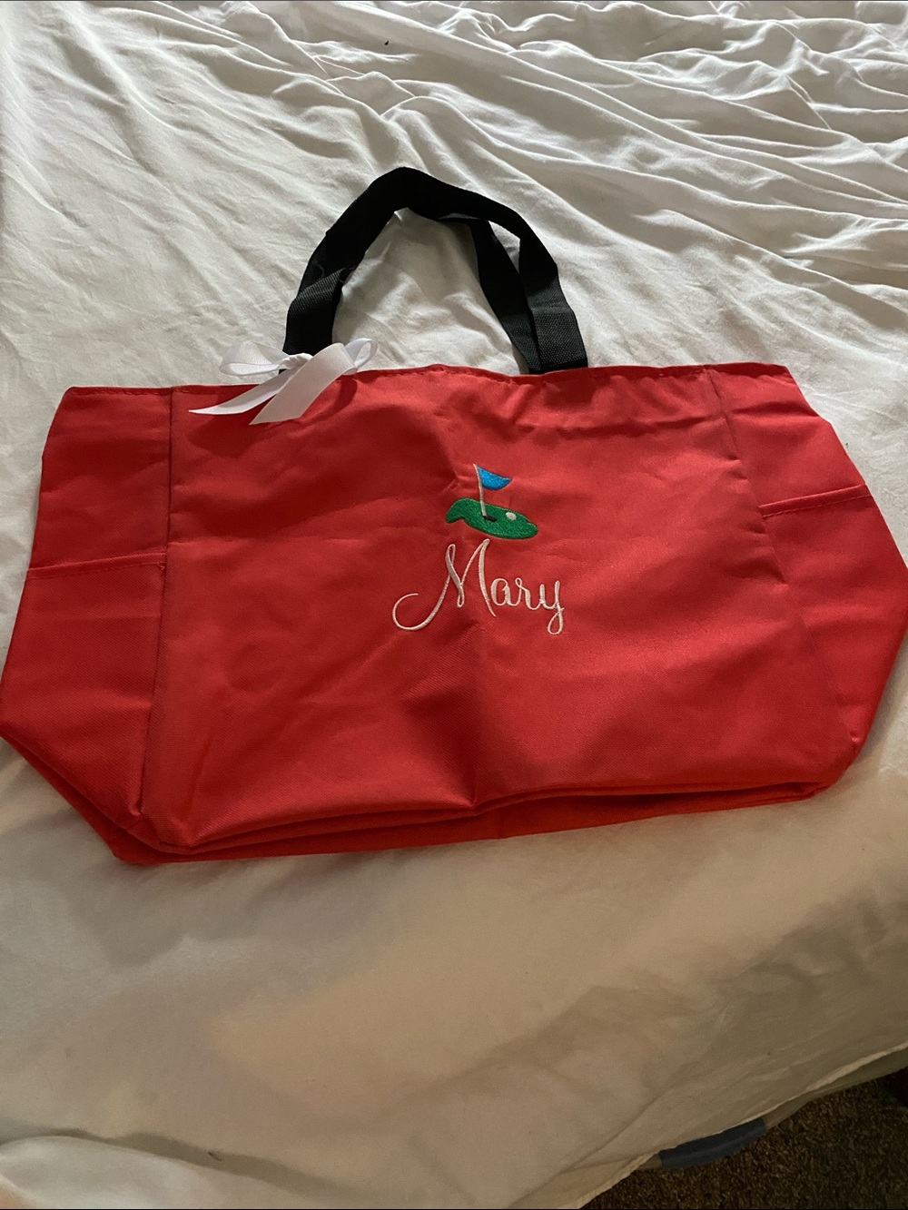 Personalized Red Tote Bag with Black Handles - Mary & Golf Embroidery NWOT